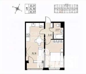 1-к квартира, вторичка, 36м2, 2/9 этаж