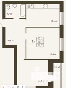 2-к квартира, вторичка, 62м2, 4/9 этаж