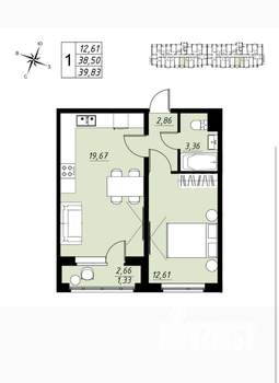 1-к квартира, вторичка, 40м2, 6/9 этаж