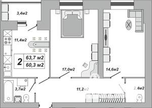 2-к квартира, вторичка, 64м2, 2/16 этаж