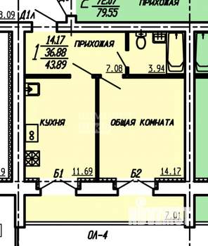 1-к квартира, вторичка, 44м2, -1/8 этаж