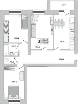 3-к квартира, вторичка, 85м2, 4/16 этаж
