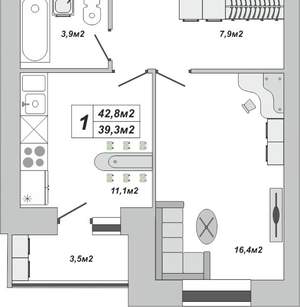1-к квартира, вторичка, 43м2, 6/16 этаж