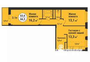 3-к квартира, вторичка, 66м2, 9/18 этаж