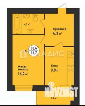1-к квартира, строящийся дом, 39м2, 7/9 этаж