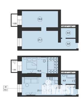 2-к квартира, вторичка, 51м2, 6/16 этаж