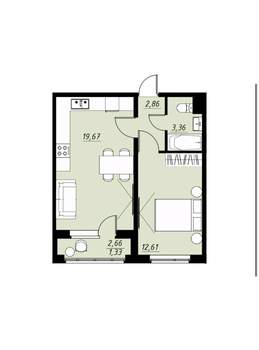 1-к квартира, вторичка, 40м2, 6/9 этаж