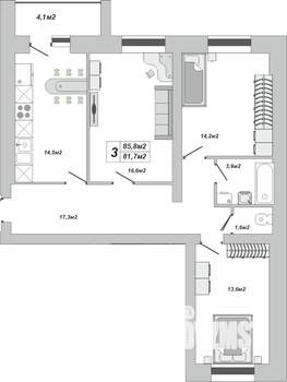 3-к квартира, вторичка, 86м2, 12/16 этаж