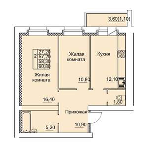 2-к квартира, вторичка, 61м2, 1/6 этаж