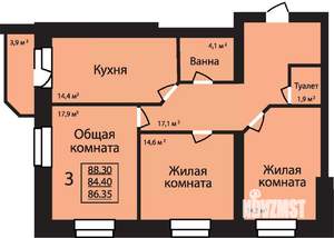 3-к квартира, строящийся дом, 86м2, 6/9 этаж