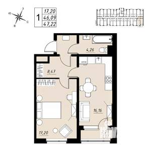 1-к квартира, вторичка, 47м2, 2/9 этаж