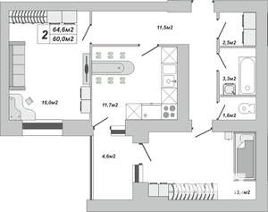 2-к квартира, вторичка, 65м2, 5/16 этаж