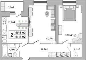2-к квартира, вторичка, 66м2, 11/16 этаж