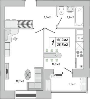 1-к квартира, вторичка, 42м2, 4/16 этаж