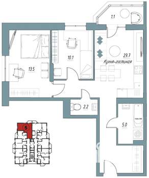 2-к квартира, сданный дом, 61м2, 6/9 этаж