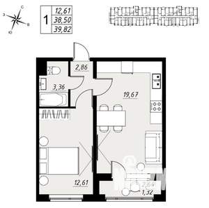 1-к квартира, вторичка, 40м2, 3/9 этаж