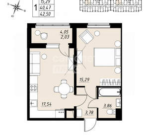 1-к квартира, вторичка, 40м2, 6/9 этаж