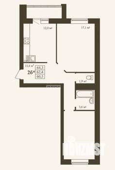 2-к квартира, вторичка, 64м2, 6/9 этаж
