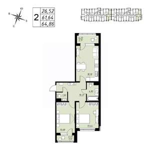 2-к квартира, вторичка, 65м2, 8/9 этаж
