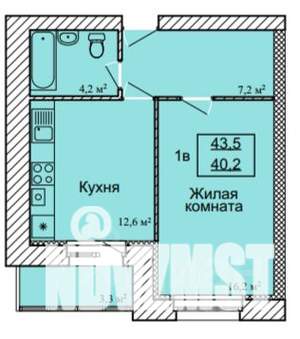 1-к квартира, строящийся дом, 44м2, 2/9 этаж