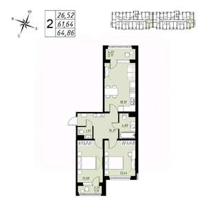 2-к квартира, вторичка, 65м2, 3/9 этаж