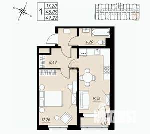 1-к квартира, вторичка, 47м2, 1/9 этаж