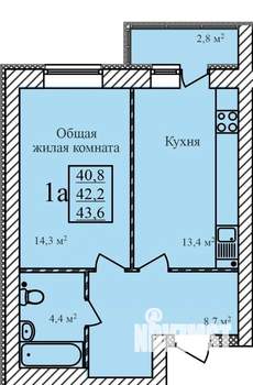 1-к квартира, строящийся дом, 44м2, 1/9 этаж