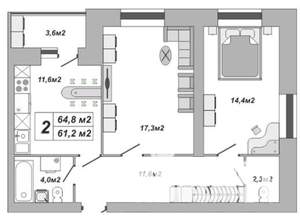 2-к квартира, вторичка, 65м2, 8/16 этаж