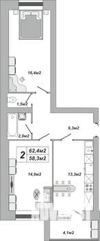 2-к квартира, вторичка, 62м2, 5/16 этаж
