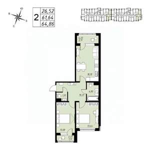 2-к квартира, вторичка, 65м2, 2/9 этаж