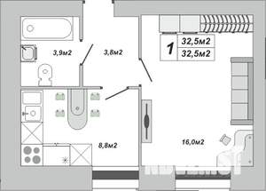1-к квартира, вторичка, 33м2, 1/16 этаж
