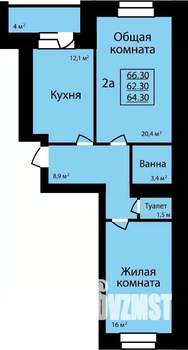 2-к квартира, строящийся дом, 66м2, 5/9 этаж