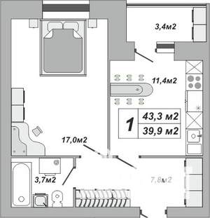 1-к квартира, вторичка, 43м2, 2/16 этаж