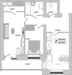 2-к квартира, вторичка, 67м2, 13/16 этаж