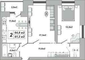 2-к квартира, вторичка, 65м2, 9/16 этаж