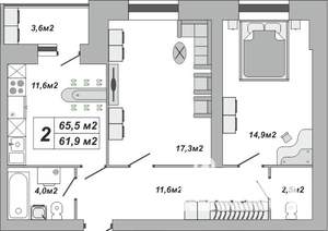 2-к квартира, вторичка, 66м2, 12/16 этаж