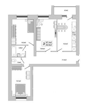 3-к квартира, вторичка, 87м2, 15/16 этаж