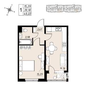 1-к квартира, вторичка, 40м2, 3/8 этаж