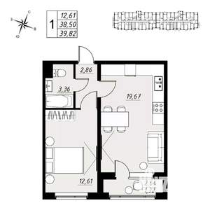 1-к квартира, вторичка, 40м2, 6/9 этаж