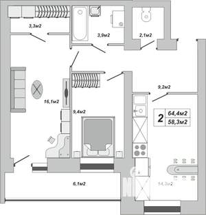 2-к квартира, вторичка, 64м2, 4/16 этаж