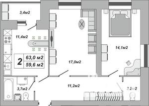 2-к квартира, вторичка, 63м2, 4/16 этаж