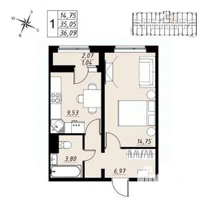 1-к квартира, вторичка, 36м2, 9/9 этаж