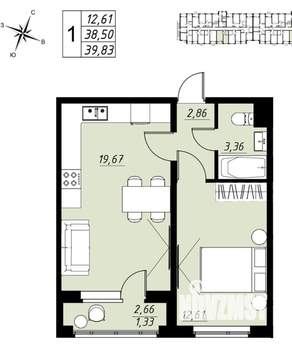 1-к квартира, вторичка, 40м2, 5/9 этаж