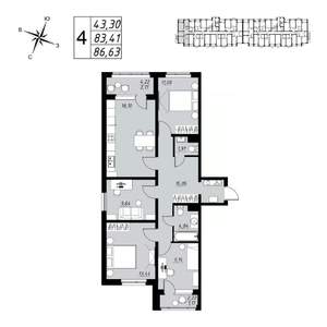4-к квартира, вторичка, 87м2, 3/9 этаж