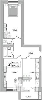 2-к квартира, вторичка, 64м2, 12/16 этаж