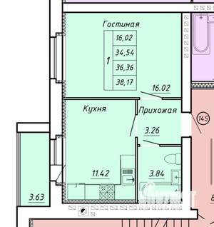 1-к квартира, вторичка, 38м2, 2/6 этаж