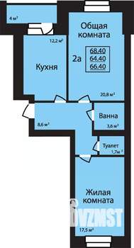 2-к квартира, строящийся дом, 66м2, 7/9 этаж