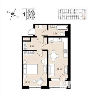 1-к квартира, вторичка, 47м2, 2/9 этаж