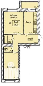2-к квартира, строящийся дом, 62м2, 8/9 этаж