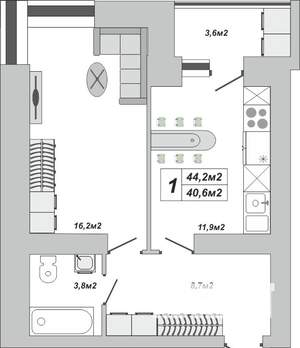 1-к квартира, вторичка, 44м2, 2/16 этаж